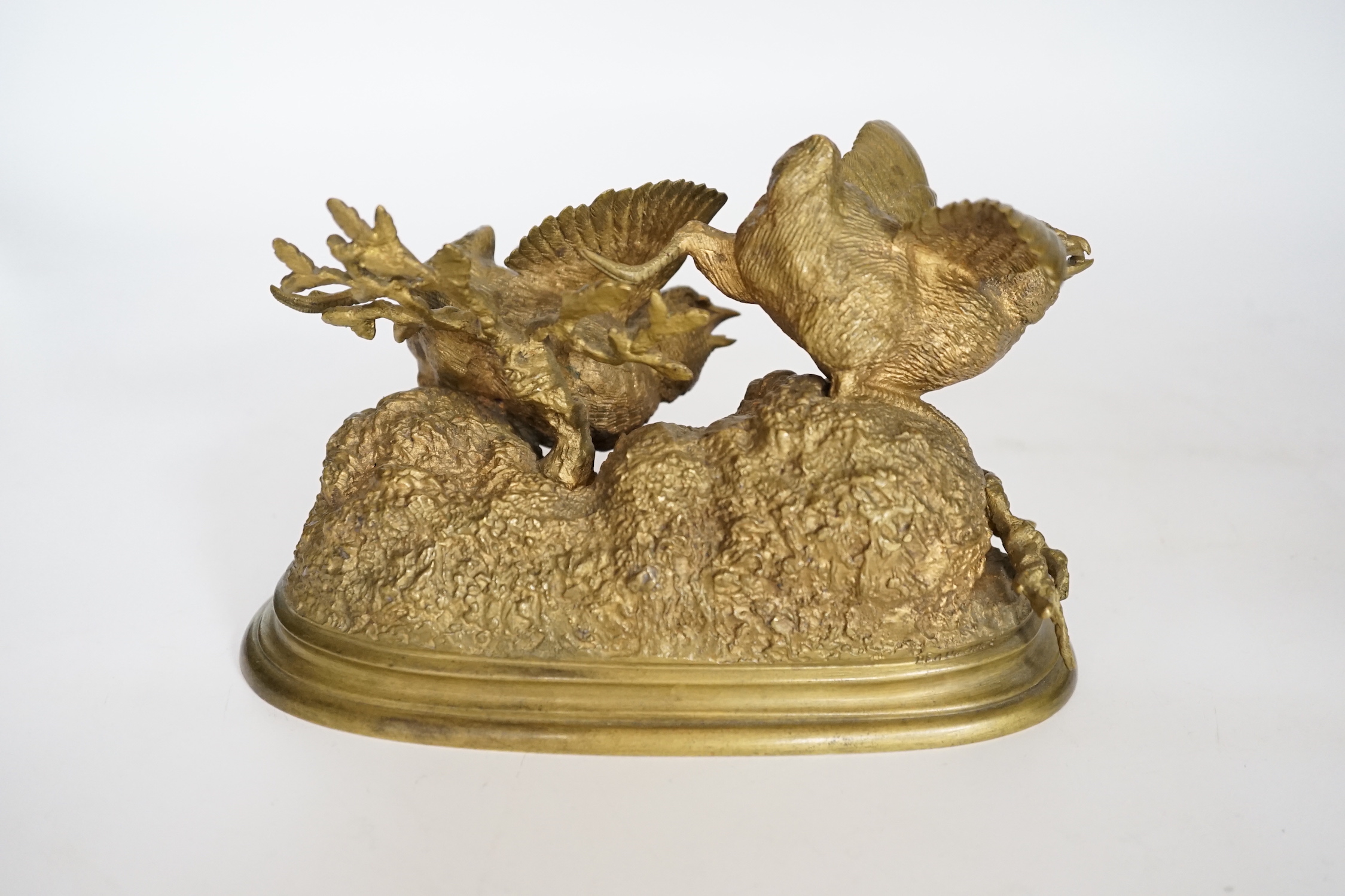 Ferdinand Pautrot (1832 - 1874), a French gilt bronze group of two birds, signed and inscribed Beaux Arts, 19cm wide